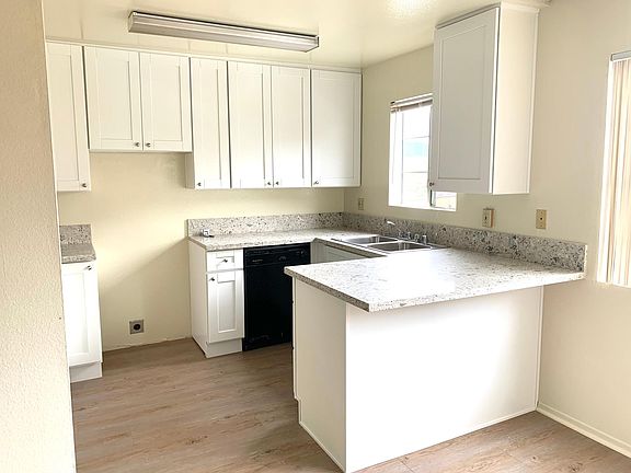 Wood-look luxury vinyl flooring throughout kitchen, dining room and living room.