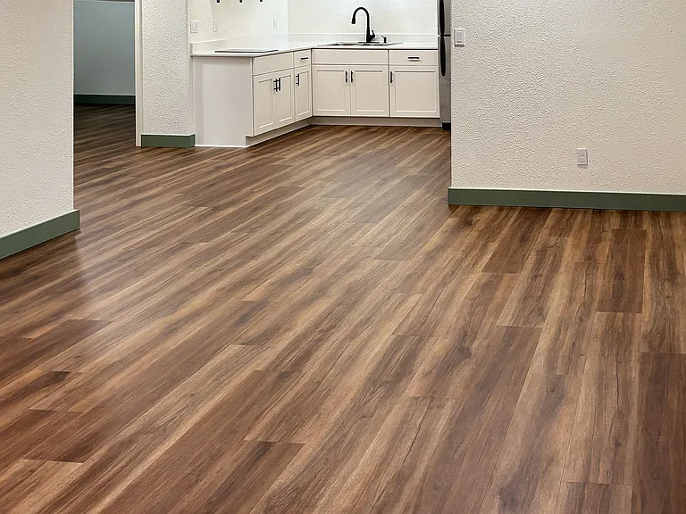 Standing in main living area, with view of kitchen and door to bonus room.