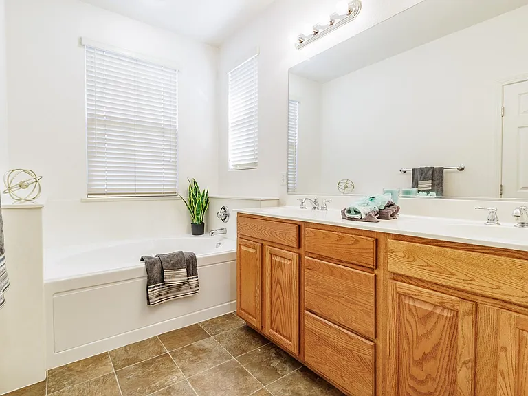 Master bath includes sunken tub and dual sinks.