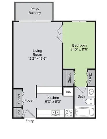 Floor plan 1 Bedroom, 1 Bath (600 sq ft)
