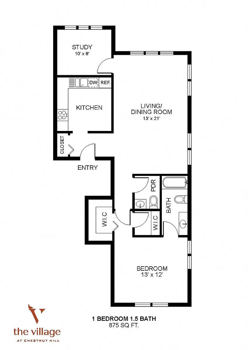 Floor plan Village at Chestnut Hill- 1 Bdrm 875 Sqf