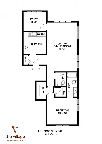 Floor plan Village at Chestnut Hill- 1 Bdrm 875 Sqf