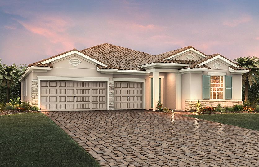 Exterior FM2B with stone detail and 3-car garage