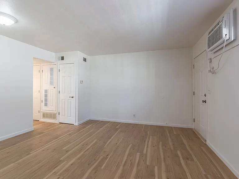 Living room with white walls and wood plank flooring.