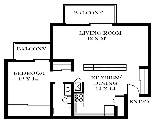 Floor plan 1 Bedroom 822 SF