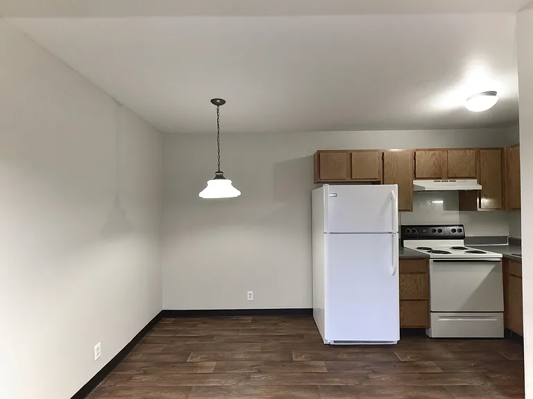 Dining and kitchen area with hardwood-style flooring
