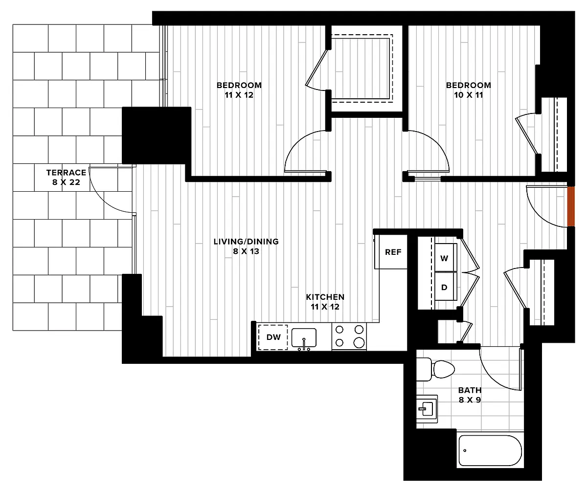 Floor plan 2 Bed/1 Bath-2A Terrace