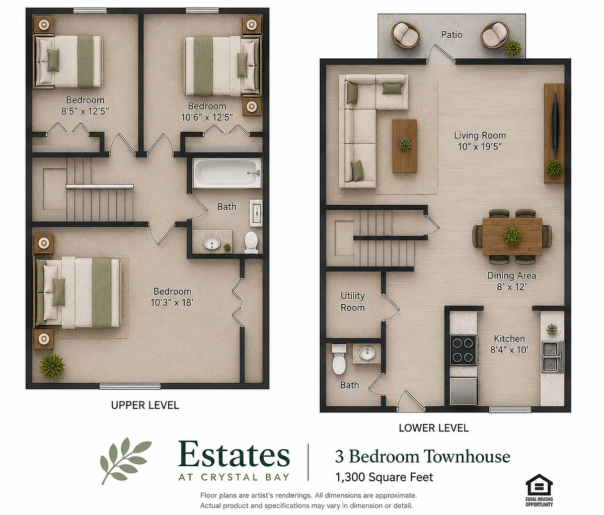 Floor plan Three Bedroom 1.5 Bath Townhouse 1300 sq ft