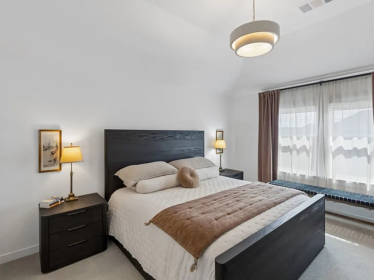Primary bedroom, king sized bed with Stearns and Foster mattress, Restoration Hardware bedroom suite, blackout drapes.