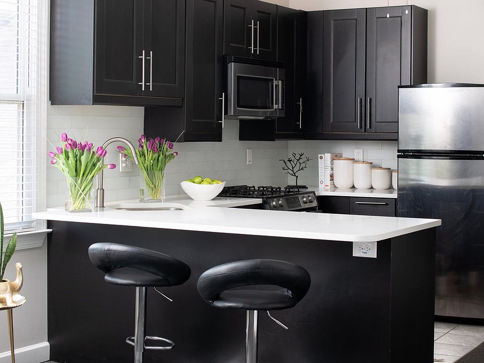 Eat-in kitchen with quartz counter tops. 14 foot ceilings, skylights and ceiling fans in an open kitchen/living room and working gas fireplace.
