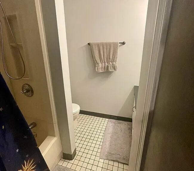 Full bathroom with tub and shower, vanity, and additional closet storage.