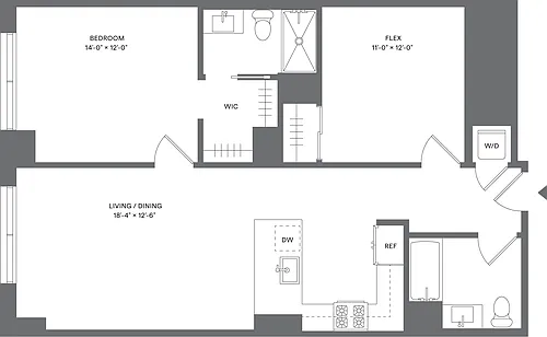 Floor plan 1 Bed+1Flex/2 Bath_A12D
