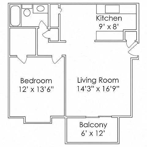 Floor plan 1 Bed, 1 Bath - A2 690 SF
