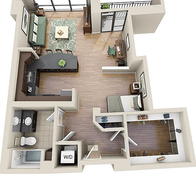 769 square foot studio apartment with 1 bath luxury vinyl tile floors and private balcony