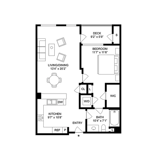 Floor plan 1 Bed, 1 Bath B