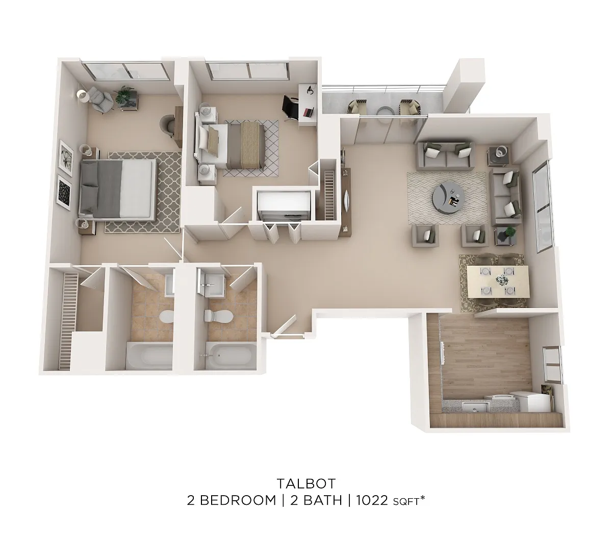 Floor plan Two Bedroom 2 Bath- 1022 sqft