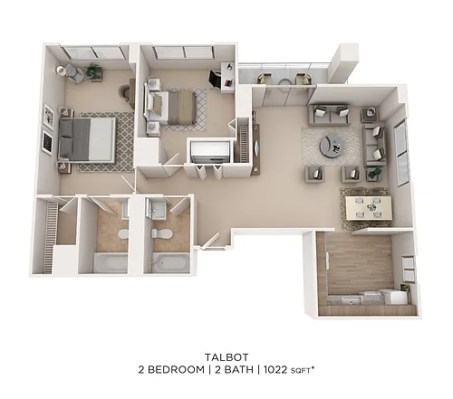 Floor plan Two Bedroom 2 Bath- 1022 sqft