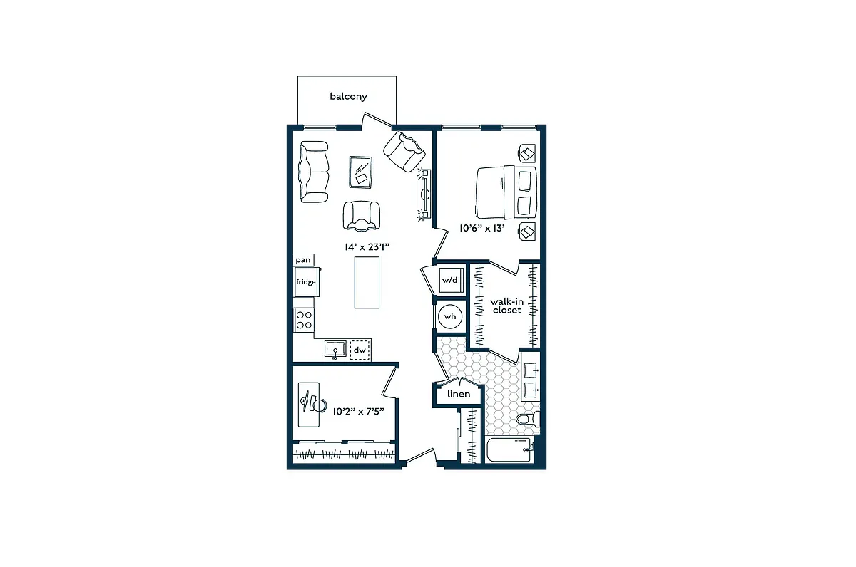 Floor plan One Bedroom One Bath Den (875 SF)