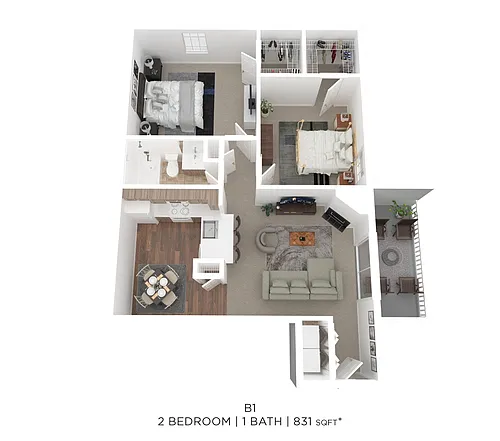 Floor plan Two Bed One Bath 831 Sqft
