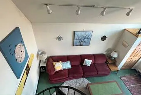 Large cozy couch for winter's down days. 55 inch Sony TV with Roku device to stream to your hearts content.