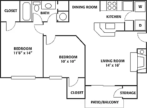 Floor plan 2 Bed 1 Bath Large - Rehab
