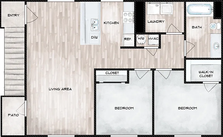 2 Bed 1 Bath Floorplan Diagram