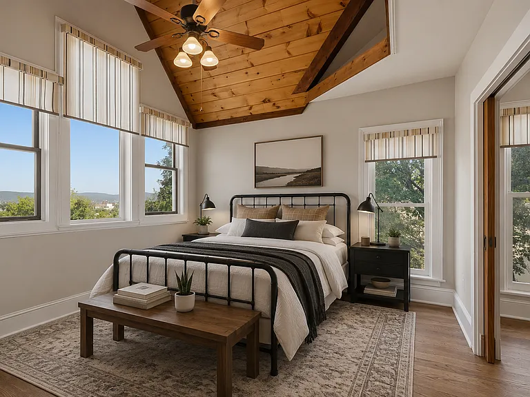 Virtually Staged. The front bedroom features windows on all sides, gorgeous light from every exposure, large closet, fan and original hardwood floors.