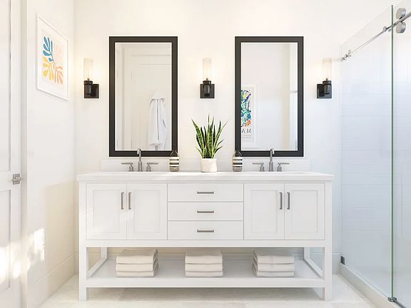 Primary bath with freestanding vanity and dual sinks