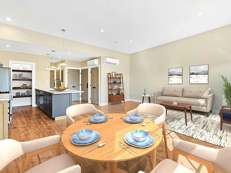 Virtually Staged dining, living and kitchen areas.
