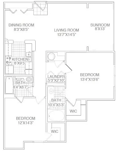 Floor plan Two Bed Two Bath Standard with Sunroom-Renovated