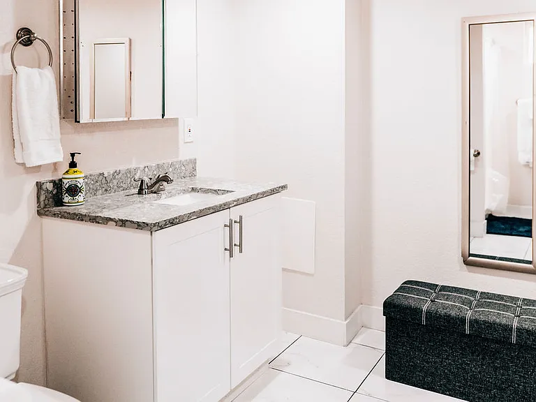 Full bathroom downstairs. Large space! Shower, sink, toilet, mirrors, and double closet.