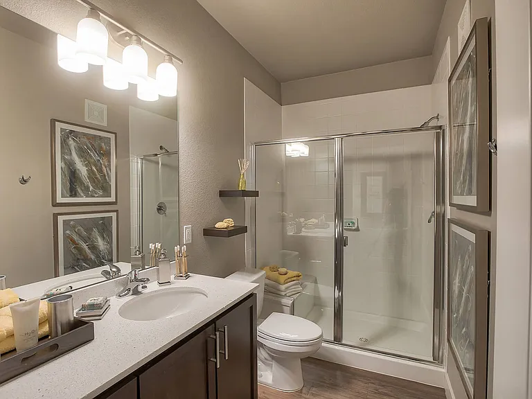 Spa-inspired bathroom with dark wood accent cabinets