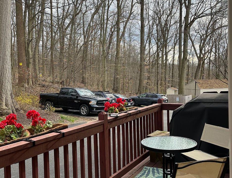 From deck with propane grill and bistro set.