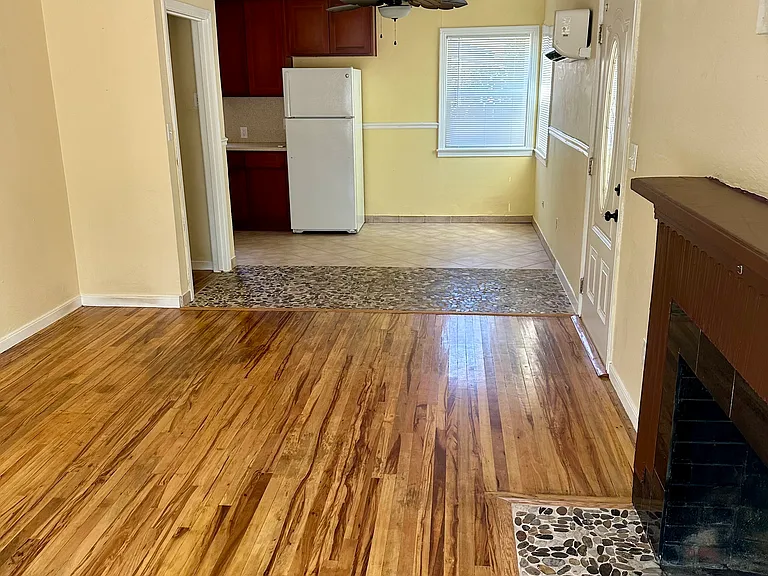 Fireplace, dining area.