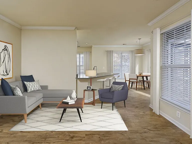 Renovated Package I living, kitchen and dining areas with hard surface flooring