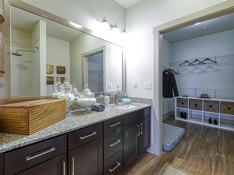Modern Bathrooms with Granite Countertops and Wood-style Flooring