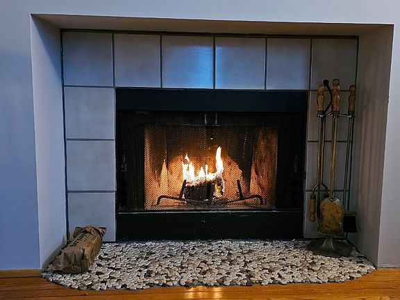 Wood burning fireplace.
