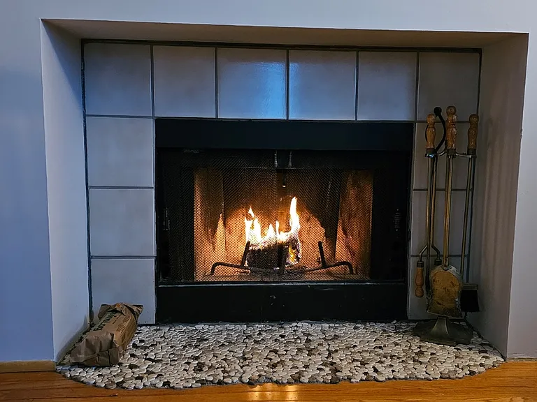 Wood burning fireplace.