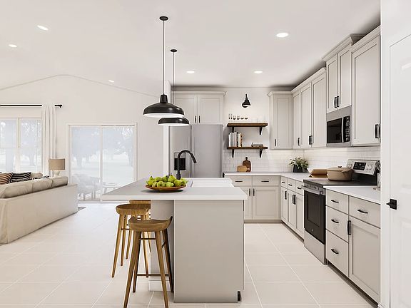 Kitchen with floating shelves and matte black lighting fixtures