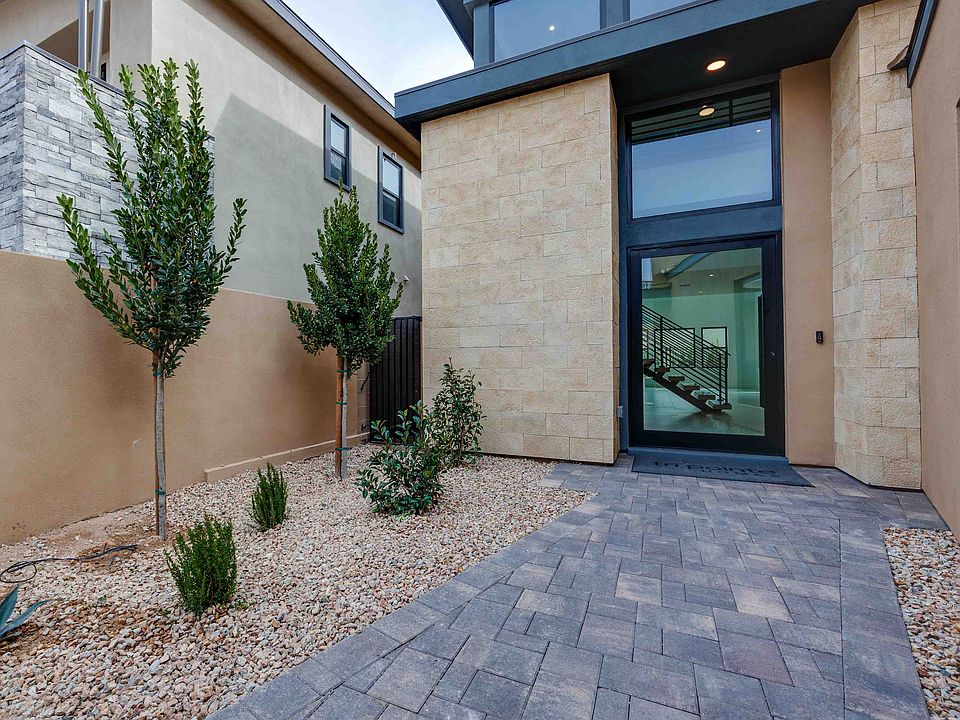 A modern and minimalist entryway with a paved walkway, potted plants, and a large glass door leading
