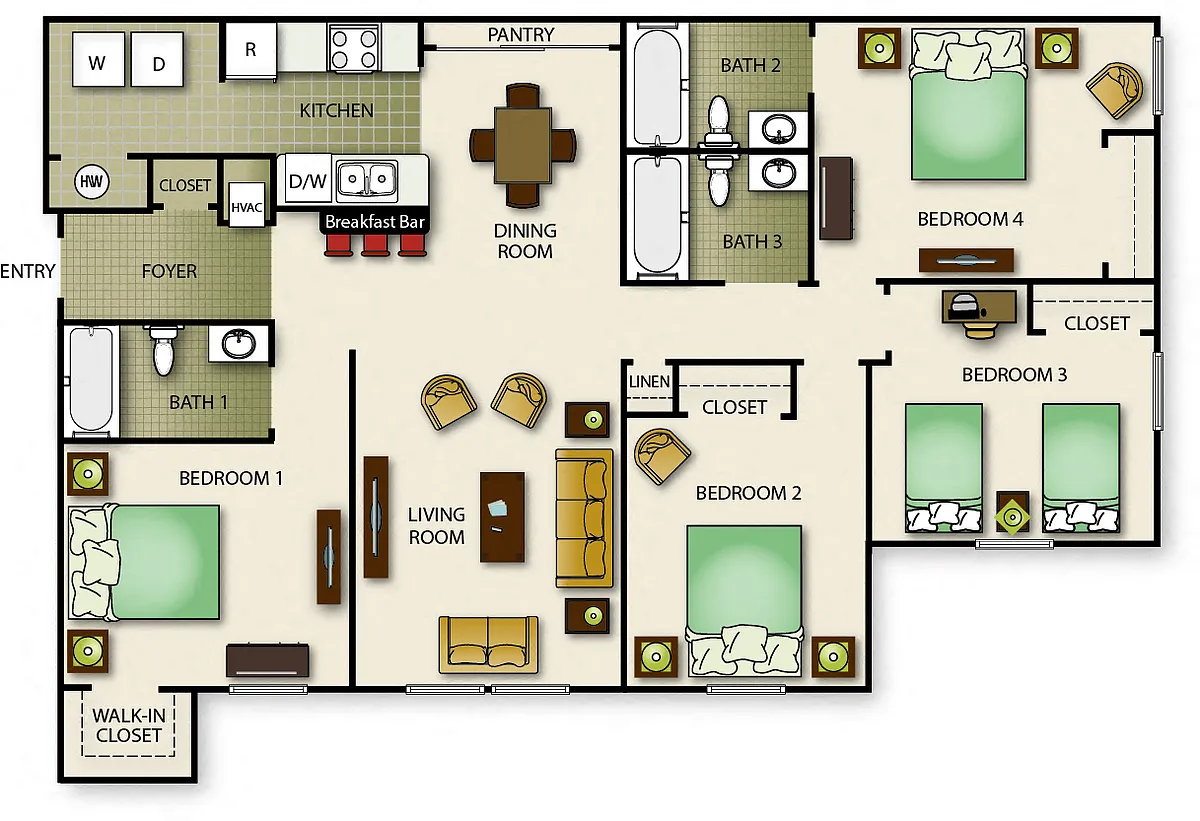Floor plan Four Bedroom Three Bath