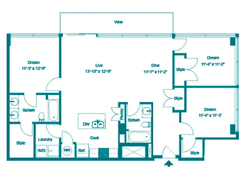 Floor plan Three Bedroom Two Bath (1412 SF)