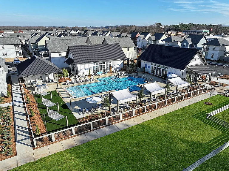 Aerial view of pool and club house