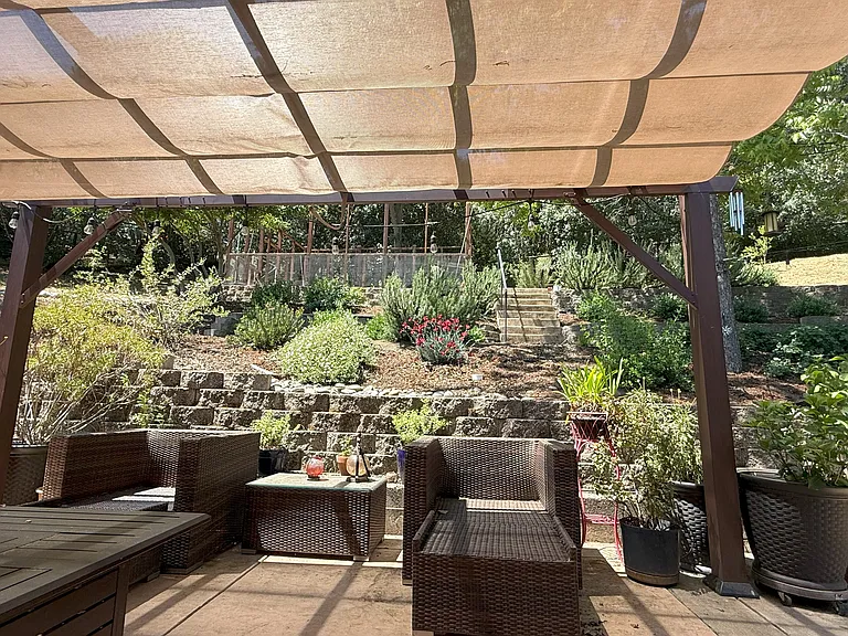 Patio, adjustable screen purgola, landscaping