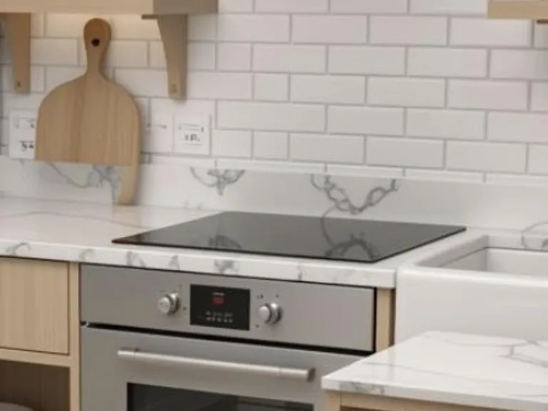 Streamlined kitchen cooking zone with electric cooktop, vent hood, subway-tile backsplash, and open shelving.