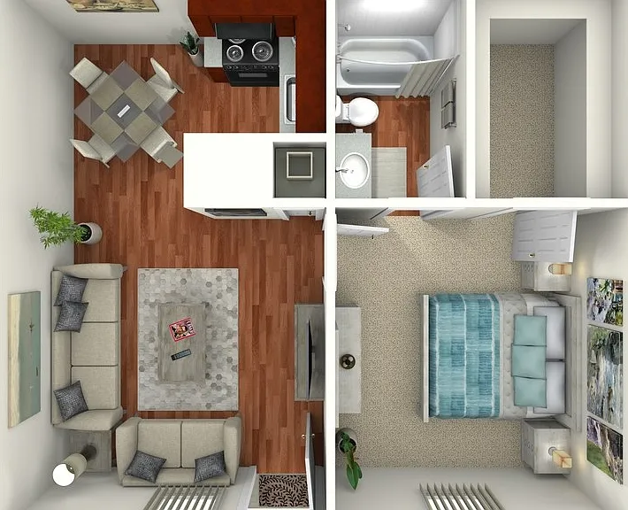 1 Bed 1 Bath Downstairs Floorplan Diagram