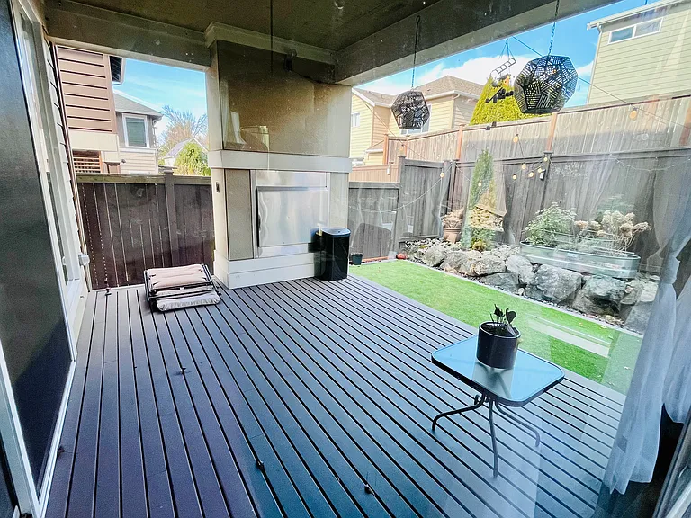 Patio with fireplace