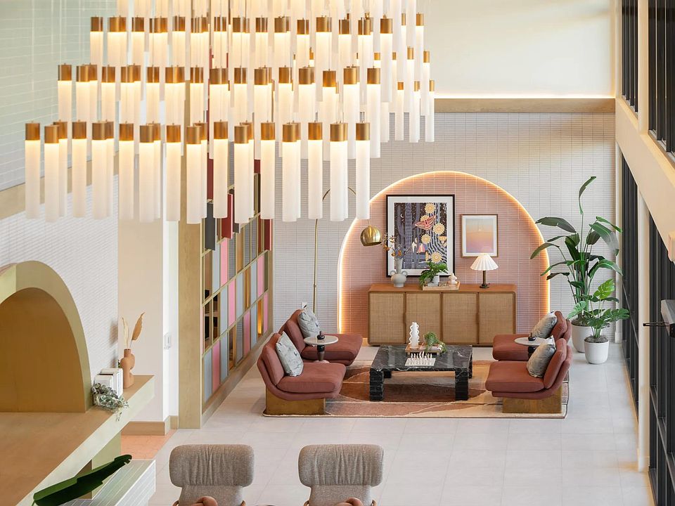 Statement lighting and desert-inspired design welcome you home at Modera Rio Salado in Tempe.