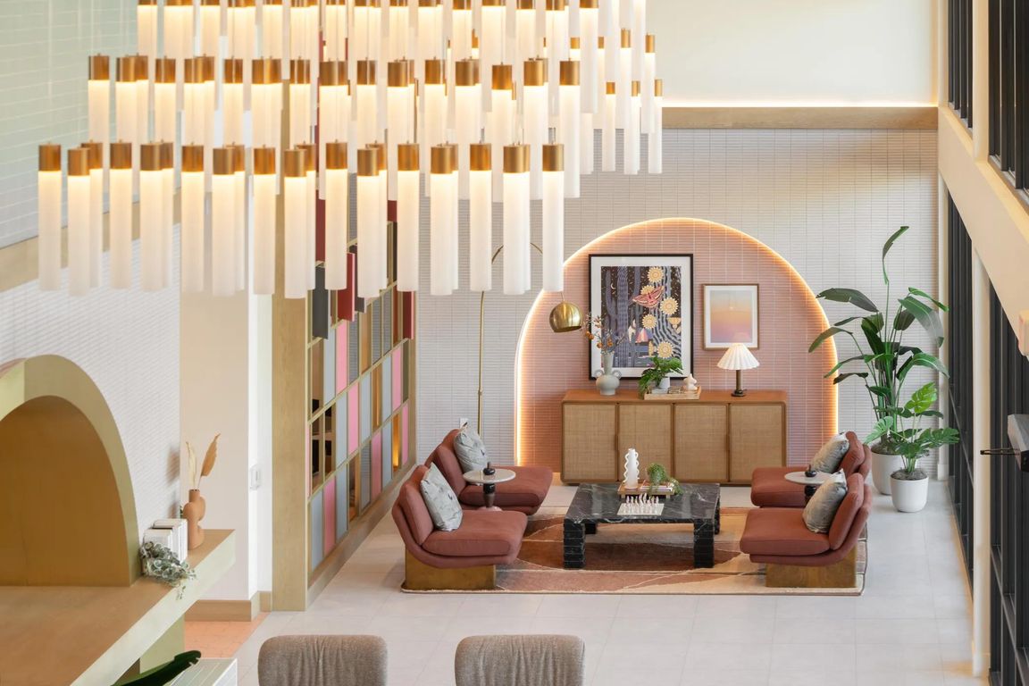 Statement lighting and desert-inspired design welcome you home at Modera Rio Salado in Tempe.