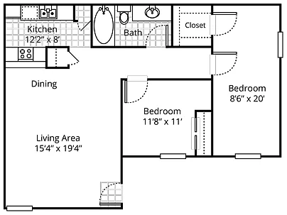 Floor plan 2 Bedroom 1 Bathroom